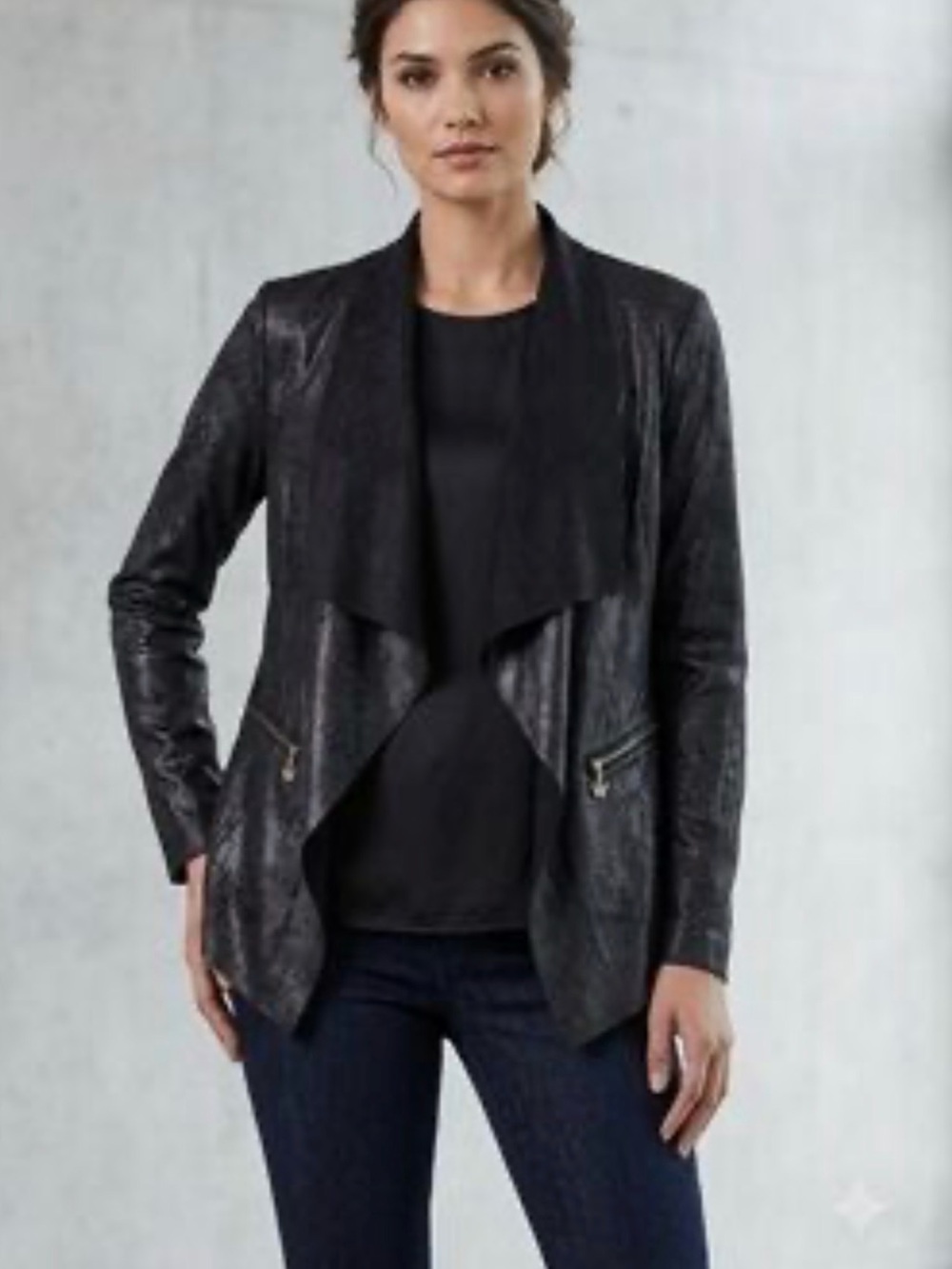 Worthington Sz XL  Blazer Jacket Open Front Top Black Long Sleeve Faux Leather